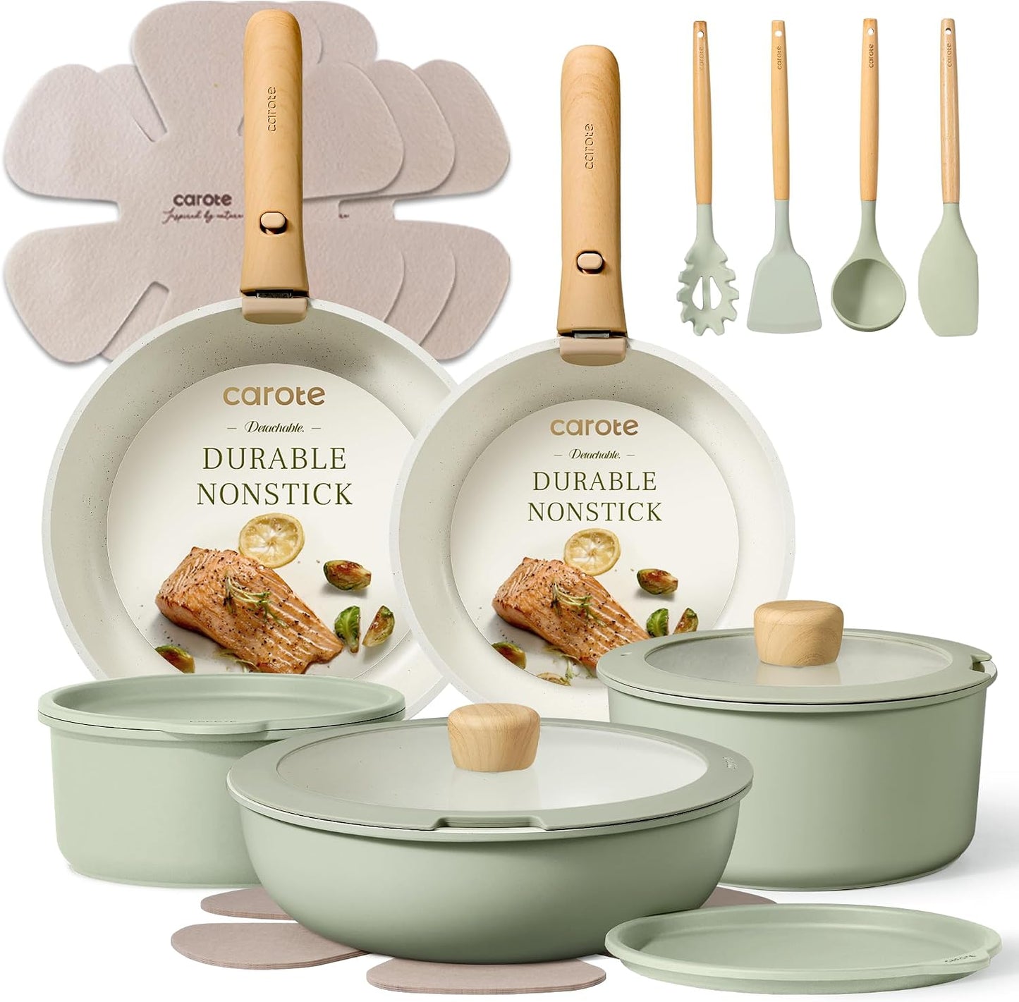 CAROTE 19pcs Pots and Pans Set Non Stick, Detachable Handle Cookware | Kitchen Cooking Sets, Space Saving, Dishwasher & Oven Safe, Non-Toxic, for Camping/RV/Traveling, Sage Green