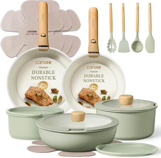 CAROTE 19pcs Pots and Pans Set Non Stick, Detachable Handle Cookware | Kitchen Cooking Sets, Space Saving, Dishwasher & Oven Safe, Non-Toxic, for Camping/RV/Traveling, Sage Green