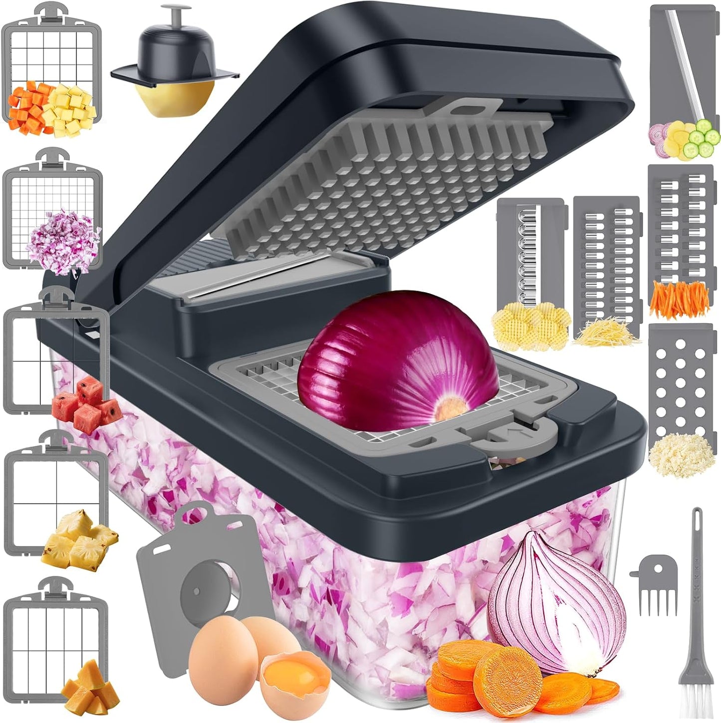 12-in-1 Vegetable Chopper with 7 Blades, Food Veggie Cutter, Mandoline Gray | Includes Egg Separator, Food Container and Finger Guard, Non-slip Base, for Chopping, Slicing, Shredding, and Mincing