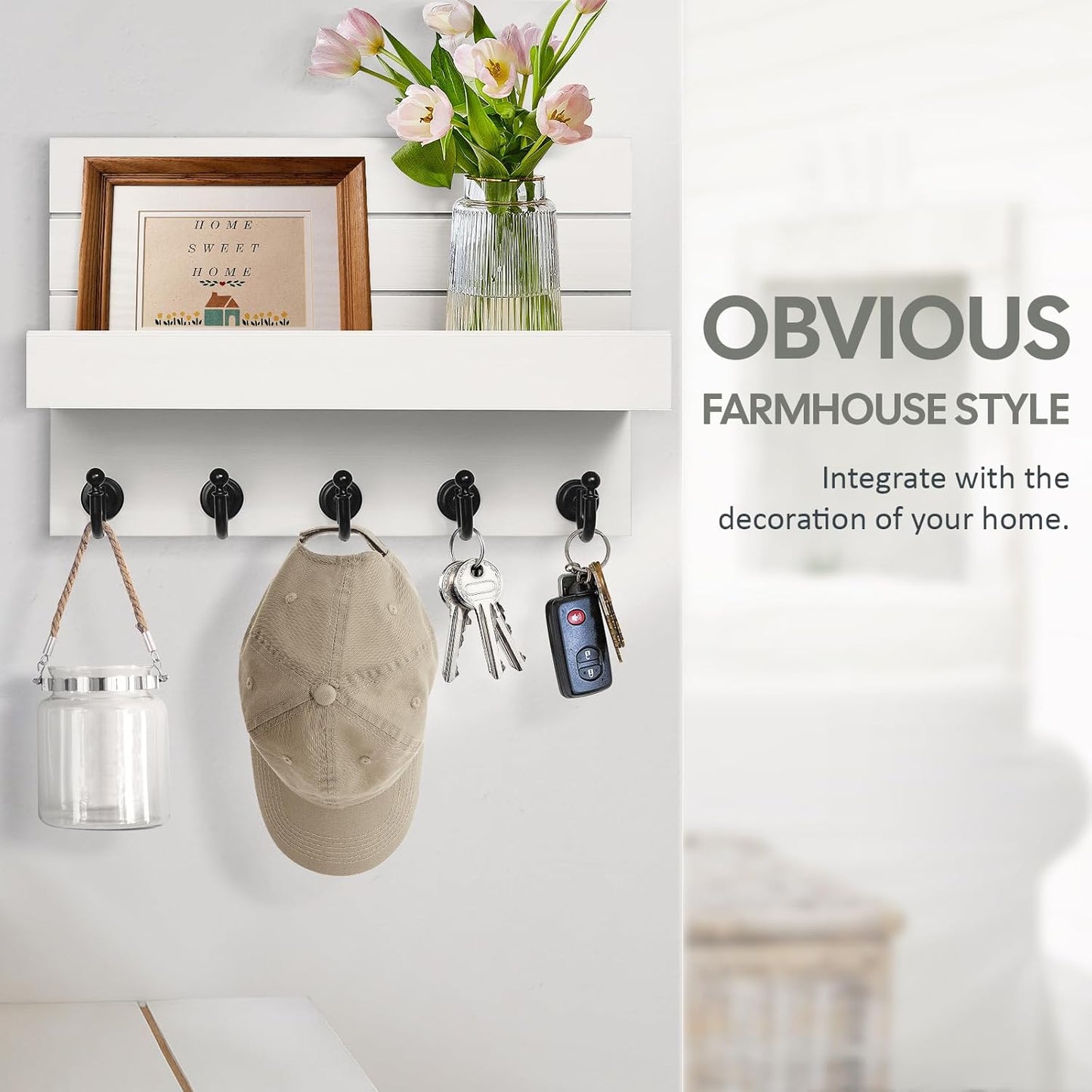 Key Holder for Wall: Easy Installation Mail Organizer Wall Mount Hanging Key Rack for Kitchen and Entryway Decor with 5 Sturdy Key Hooks (White)