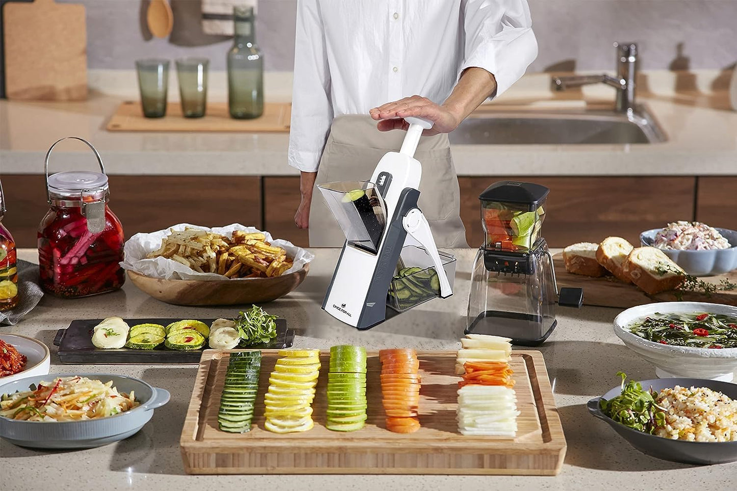 ONCE FOR ALL Safe Mandoline Slicer Kitchen, All in 1 Vegetable Slicer, Gray | Adjustable Thickness, Potato Slicer Veggie Chopper, Strips Julienne Dicer, French Fry Cutter, Dishwasher Safe, Kitchen Gift