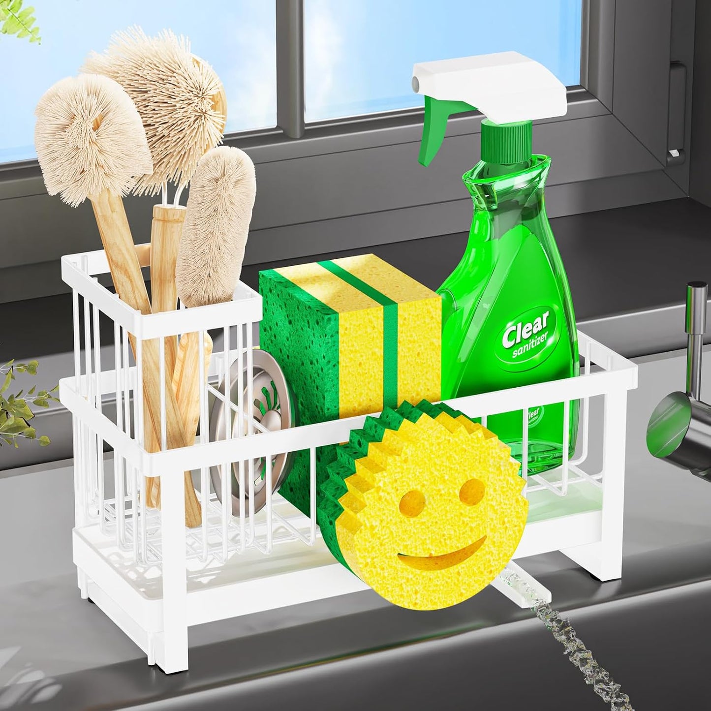 Sponge Holder for Kitchen Sink,Smiley Face Sink Caddy with Removable Brush Holder,Self-Draining Sponge Caddy for Sponge,Soap,Dish Brush,Scrubber,Kitchen Essentials and Gadgets