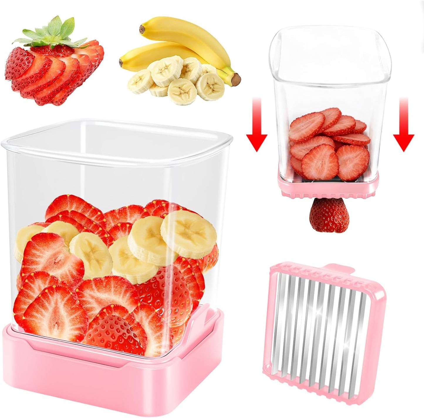 Fruit Slicer Cup for Strawberry, Banana, Hard-Boiled Egg - Detachable Cutter with Push Plate - 304 Stainless Steel Blade - Rapid & Safe Slicing Kitchen Gadget for Quick Meal Prep (Black)