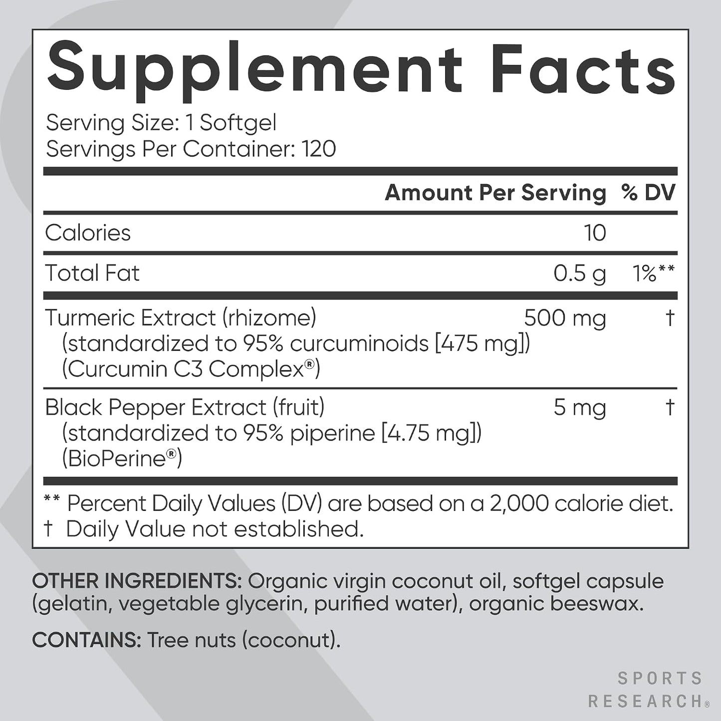 Sports Research Turmeric Curcumin C3 Complex Softgels with BioPerine and Organic Coconut Oil