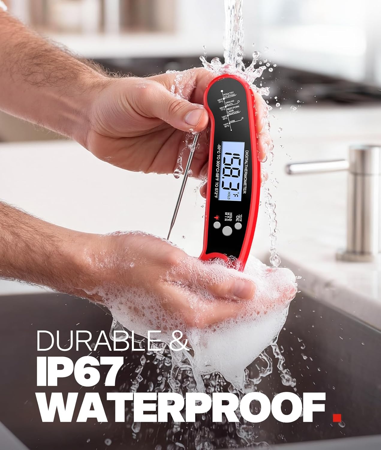 Meat Thermometer Digital, 1-2 Sec Instant Read, Food, Cooking, Grill | Bright Backlit Display, Waterproof for Air Fryer, Smoker, Candy, Kitchen Gadgets, BBQ Essentials, Gift for Men Husband, Red