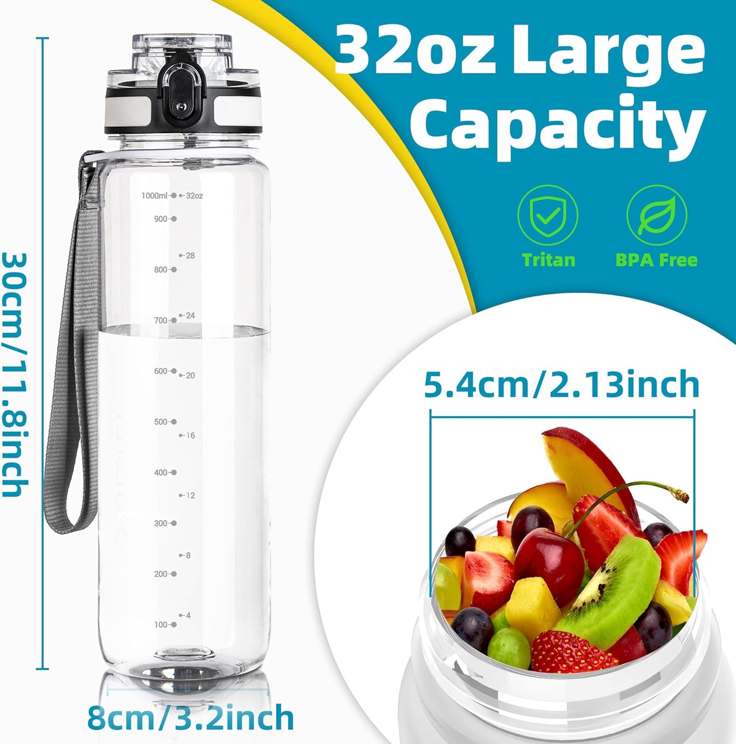 OLDLEY 32 oz Water Bottle, Motivational Water Bottle with Time Marker, Sports Water Bottle With Strap, Leakproof & BPA Free Large Water Bottles for School, Gym, Travel, Outdoor, Tritan, Transparent