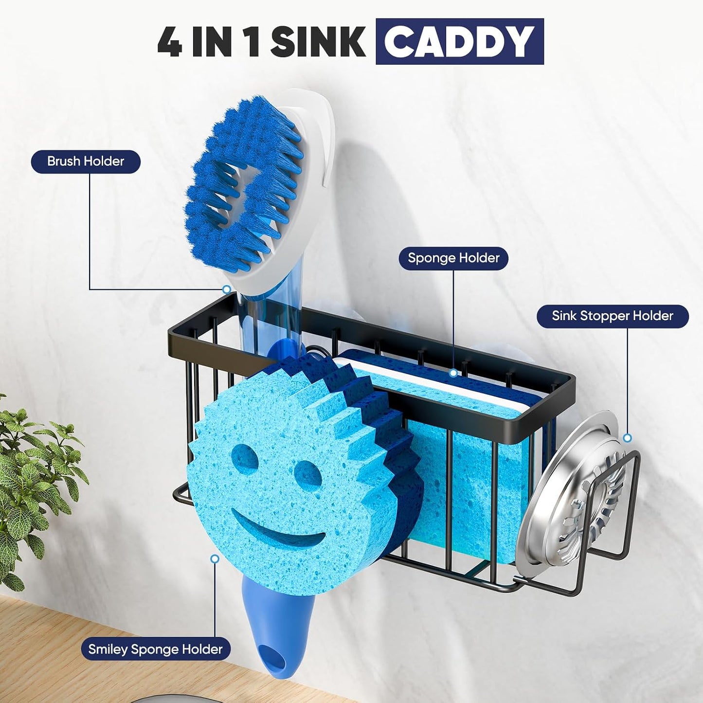 MURLONG Sponge Holder for Kitchen Sink,Sink Caddy Smiley Face,4-in-1 Sponge Holder with Suction Cups & 1 PCS Adhesive Strips for Holding Soap,Brush,Scrubber,Sponge,Stopper-Black