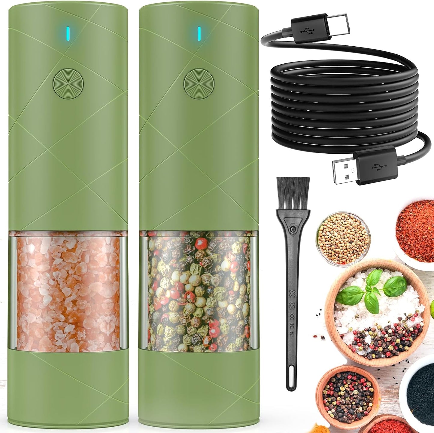 2Pack Electric Salt and Pepper Grinder Set USB Rechargeable with Warm LED Light, Adjustable Coarseness Lidaop Large Capacity Automatic Salt Pepper Mill Shakers for Kitchen, Restaurant, Outdoor, Black