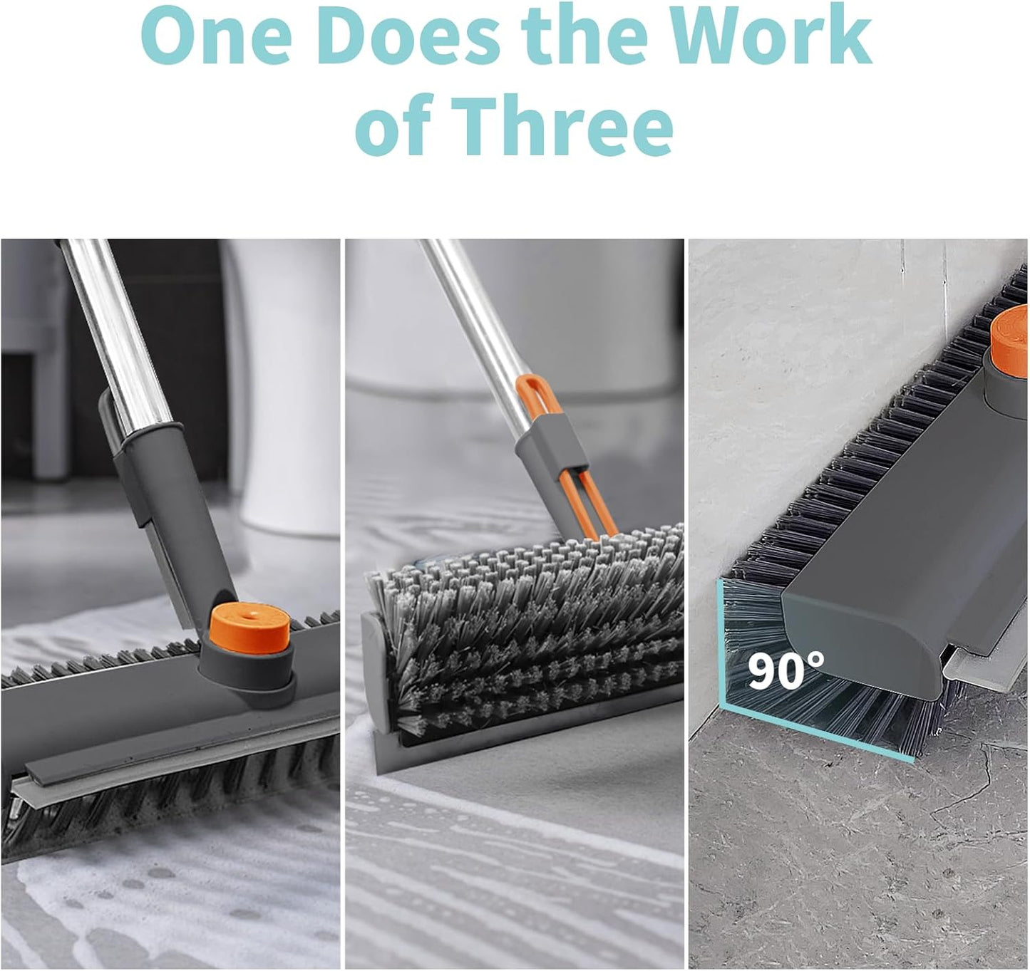AIR U+ Floor Scrub Brush with Long Handle, 3-in-1 Rotating Head & Squeegee | Stiff Dual-Sided Bristles for Shower, Bathroom, Kitchen and Patio, 30–50 In Handle for Easier Stand-up Cleaning, Gray