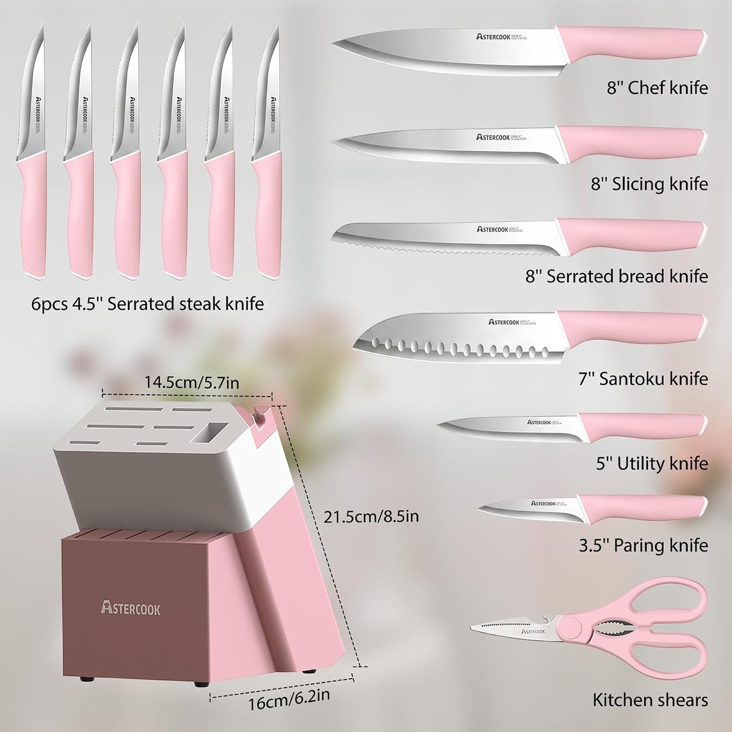 Astercook Knife Set, Kitchen Knives Set with Block and Sharpener 15 Pcs German Stainless Steel Knives Sharp Blade Dishwasher Safe Deba Knives with Ergonomic Handle, Crystal Pink