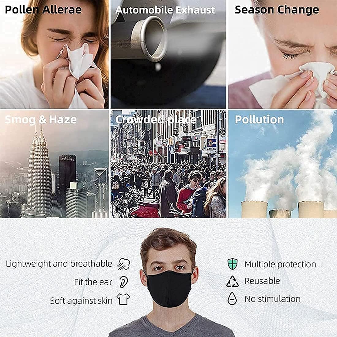 Black Reusable Breathable Cloth Face Mask, Adjustable Washable Face Protection Cover for Men and Women
