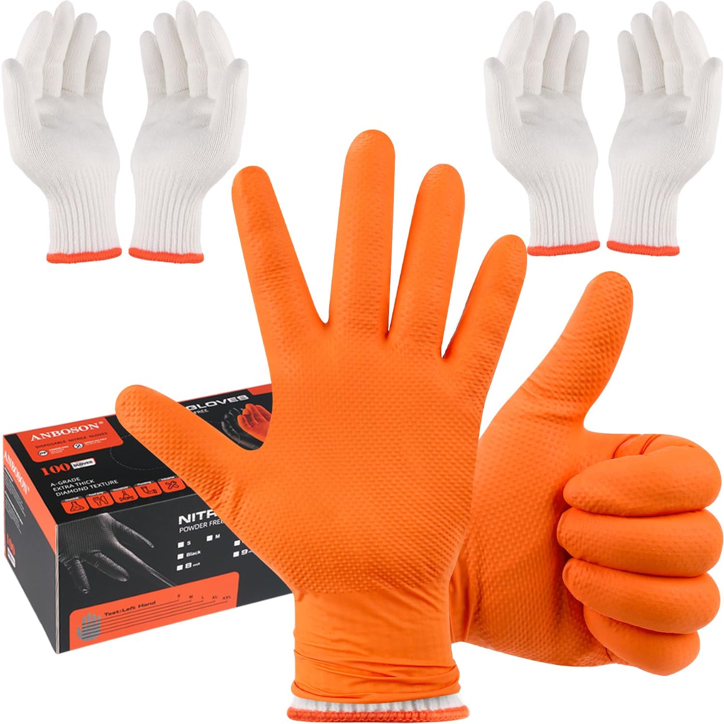 ANBOSON BBQ Gloves Disposable, Heat Resistant Grilling Gloves for Cooking | 10Mil Heavy Duty Nitrile Gloves-100Ct &4 Cotton Liners for Meat Handling Smoker for Hot Food Prep,Non-Slip Grip,Large,Black