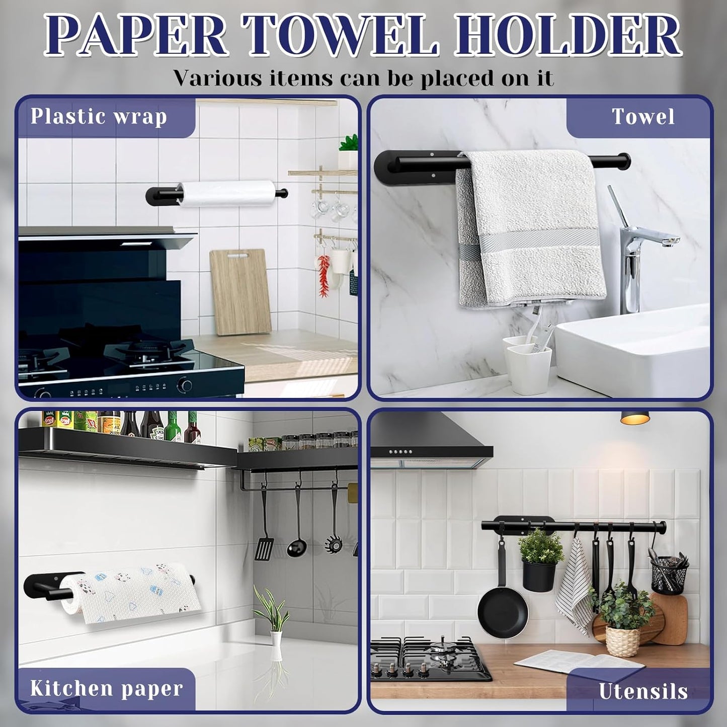 Paper Towel Holder, Self Adhesive or Drilling Paper Towel Holder Under Cabinet, Stainless Steel Black Paper Towel Holders Wall Mount for Kitchen, Bathroom, Sink, Pantry, Fridge