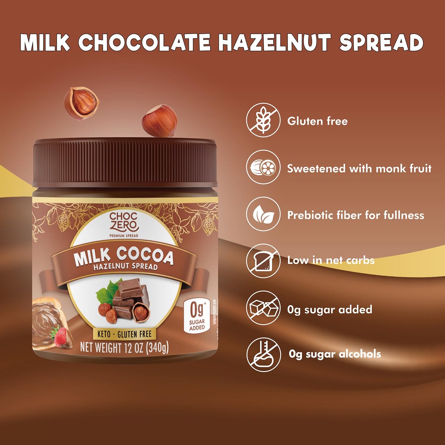 ChocZero Milk Chocolate Hazelnut Spread, No Added Sugar, Gluten Free, Keto Friendly, 12 oz Jar