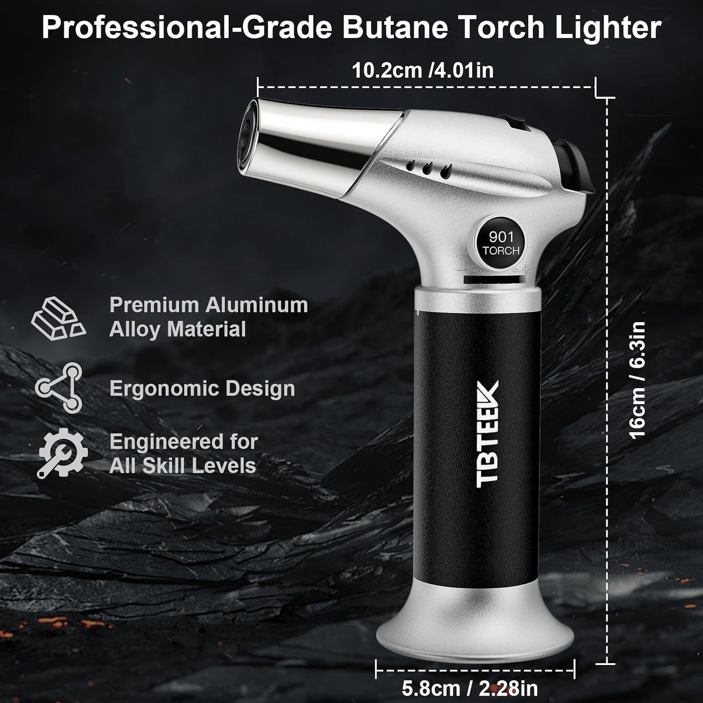 TBTeek Kitchen Butane Torch with Safety Lock for Baking, Crafts & Steak | 2500°F Adjustable Continuous Flame, One-Button Piezo Ignition, Ergonomic Comfort Grip, 3 refill adapters(Butane Not Included)