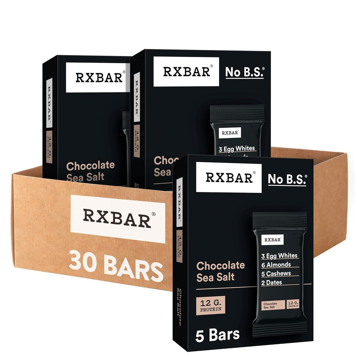 Chocolate Sea Salt RXBAR Protein Bars, 12g Protein, Gluten Free Snacks, 6 Boxes, 30 Bars