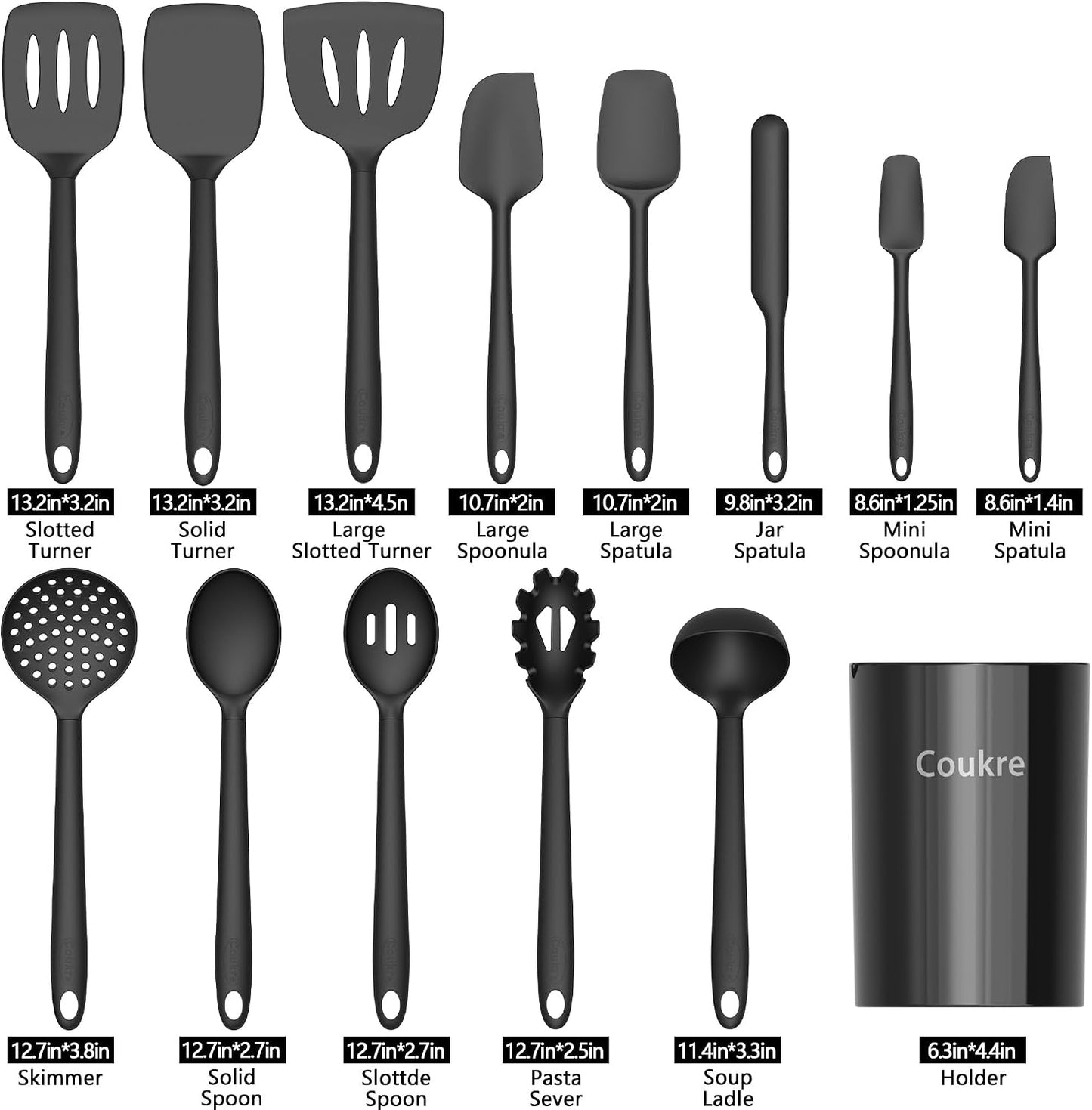 Coukre Silicone Kitchen Cooking Utensils Set, Heat Resistant, 14-Piece | Dishwasher-Safe, Food-Grade Silicone, BPA-Free, Spatulas, Spoons & Turner, Safe for Nonstick Cookware, Pure Black