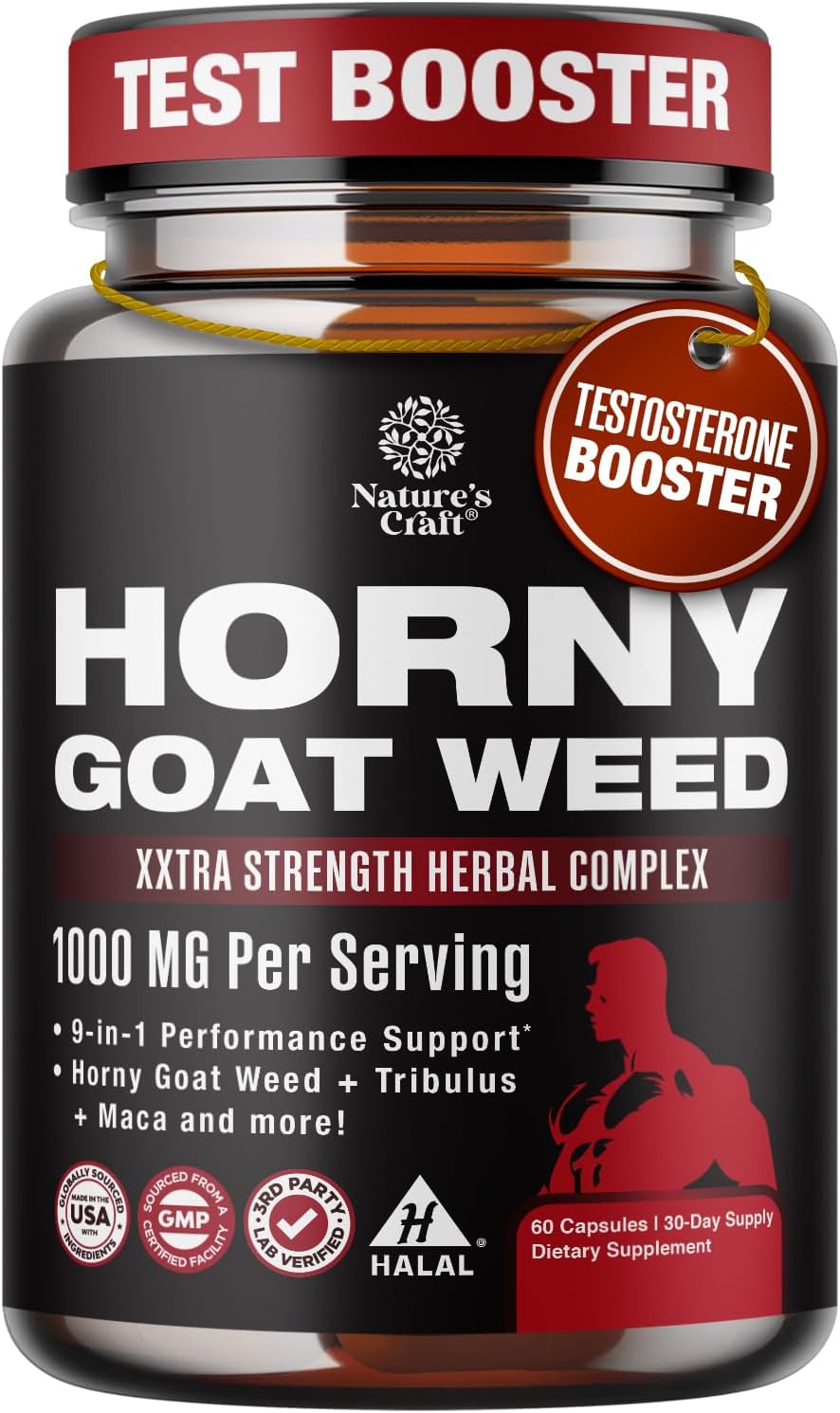 Horny Goat Weed for Men - Extra Strength Male Supplement with Black Maca Root, Tongkat Ali, Saw Palmetto & Panax Ginseng Extract for Stamina & Energy - 60 Count