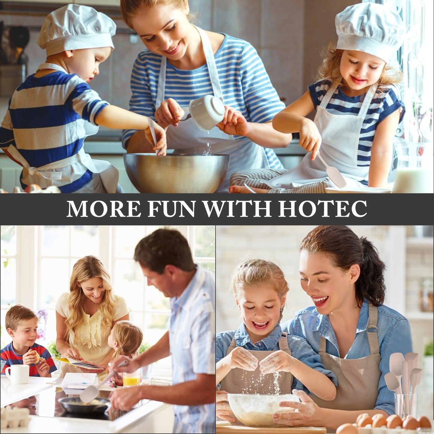 HOTEC 600℉ Heat Resistant BPA-Free Silicone Rubber Spatula Set,Kitchen Cooking Spatulas, Baking, Mixing for Non Stick Cookware, Dishwasher Safe, Set of 5, Khaki