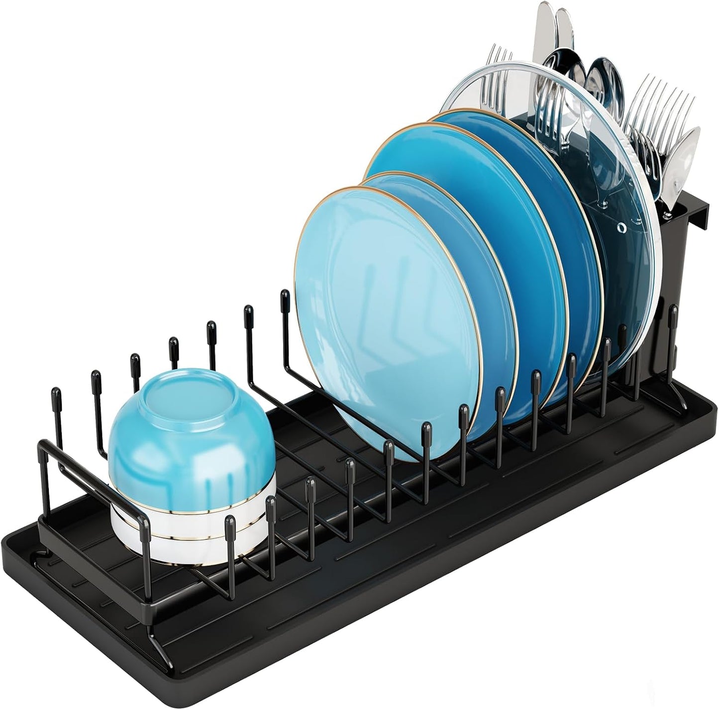 ANTOPY Sink Dish Drying Rack - Expandable Small Dish Rack Over Sinks with Silicone Drying Tray, Dish Drainer for Kitchen Counter with Cutlery Holder, Drying Rack Fit for 14’’-19’’ Kitchen Sink