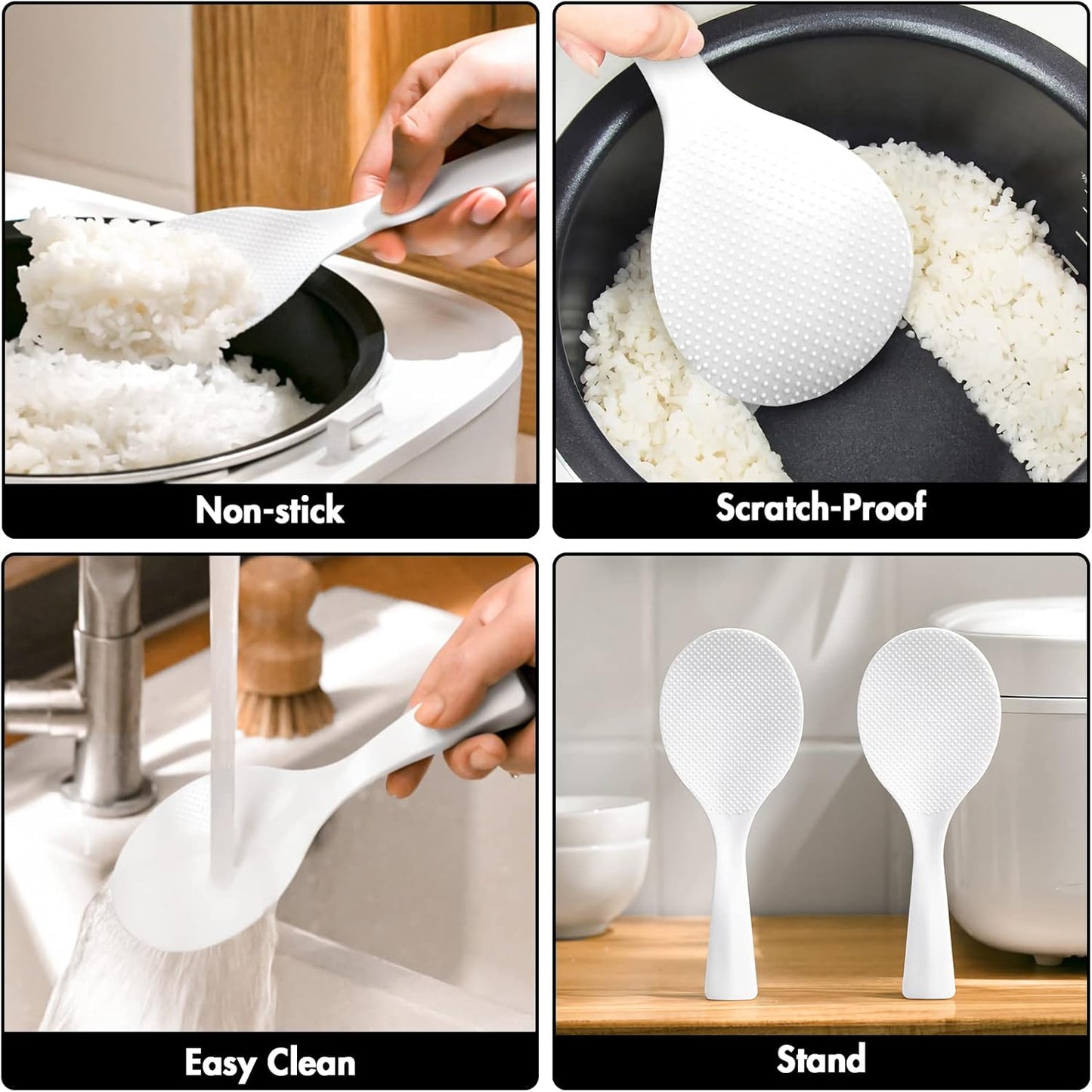 FireKylin 2 Pcs Plastic Rice Paddle,Non Stick Standing Rice Spoon Scooper Spatula,Heat Resistant Rice Cooker Spoon (White)
