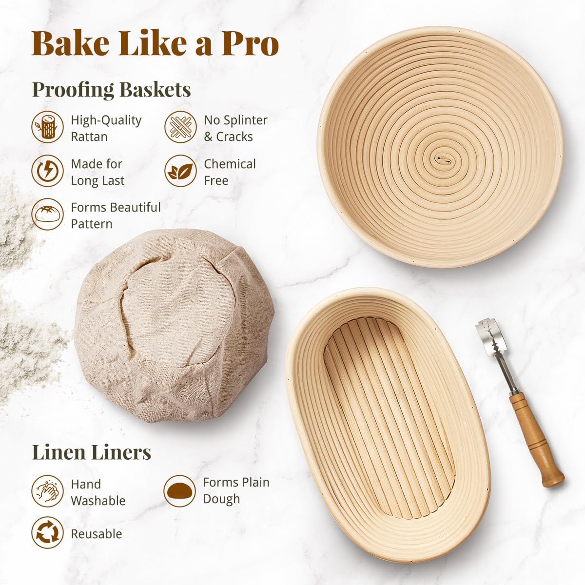 BAVIFY Sourdough Starter Kit, Banneton Bread Proofing Baskets Set | Complete Sourdough Bread Baking Supplies, Beginner Friendly Bread Making Kit, 9 in Round and 10 in Oval Rattan Banneton