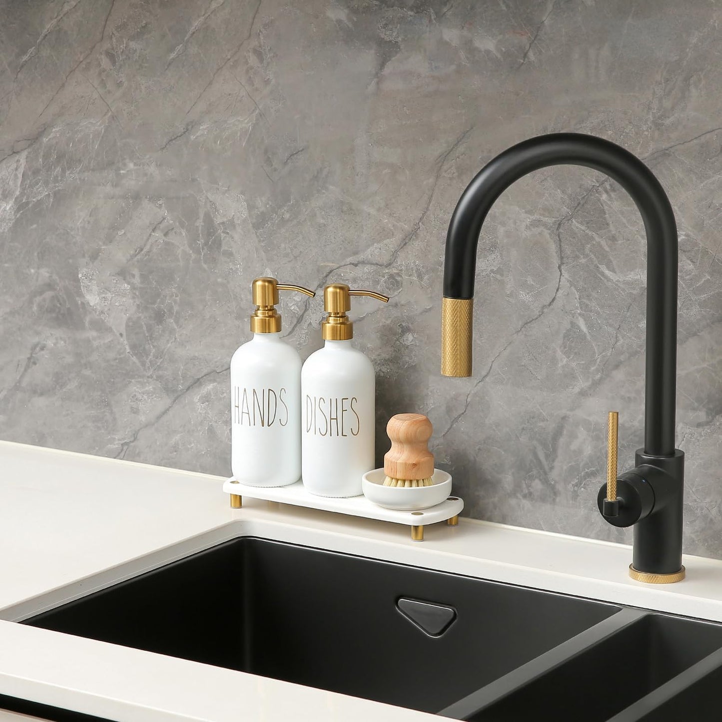 MOMEEMO Gold Soap Dispenser Set Comes with Stainless Steel Pumps | Instant Dry Tray and Dish Scrub Brush, Suitable for Kitchen Decor and Accessories