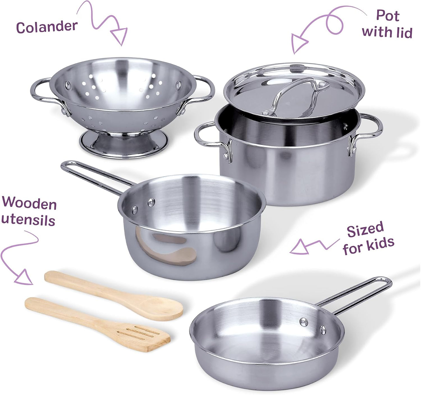 Melissa & Doug Stainless Steel Pots & Pans, 8 Piece Play Kitchen Set, Premium Play Kitchen Accessories & Cooking Utensils, Preschool Toys for Kids 3+