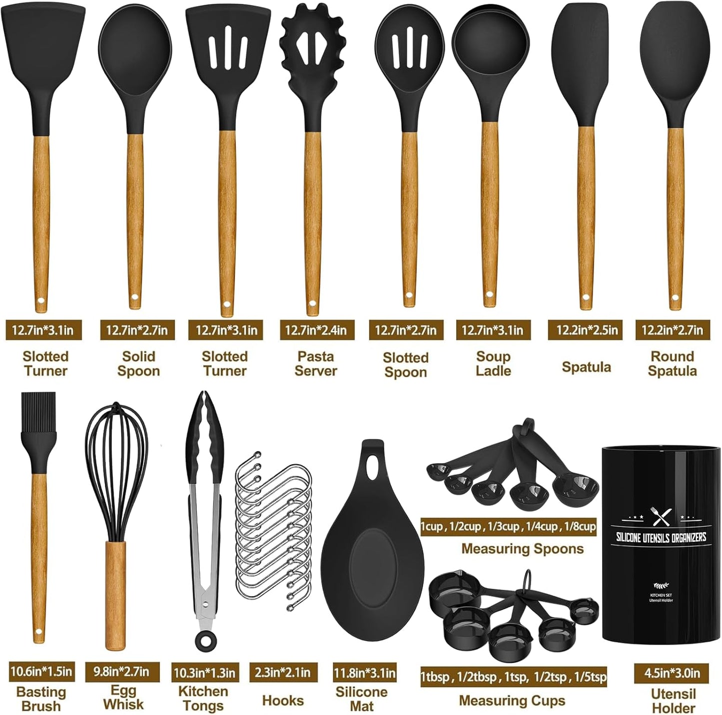 Umite Chef Kitchen Cooking Utensils Set, 33 pcs Non-Stick Silicone Cooking Kitchen Spatula Set with Holder, Wooden Handle Silicone Kitchen Gadgets Utensil Set (Black)