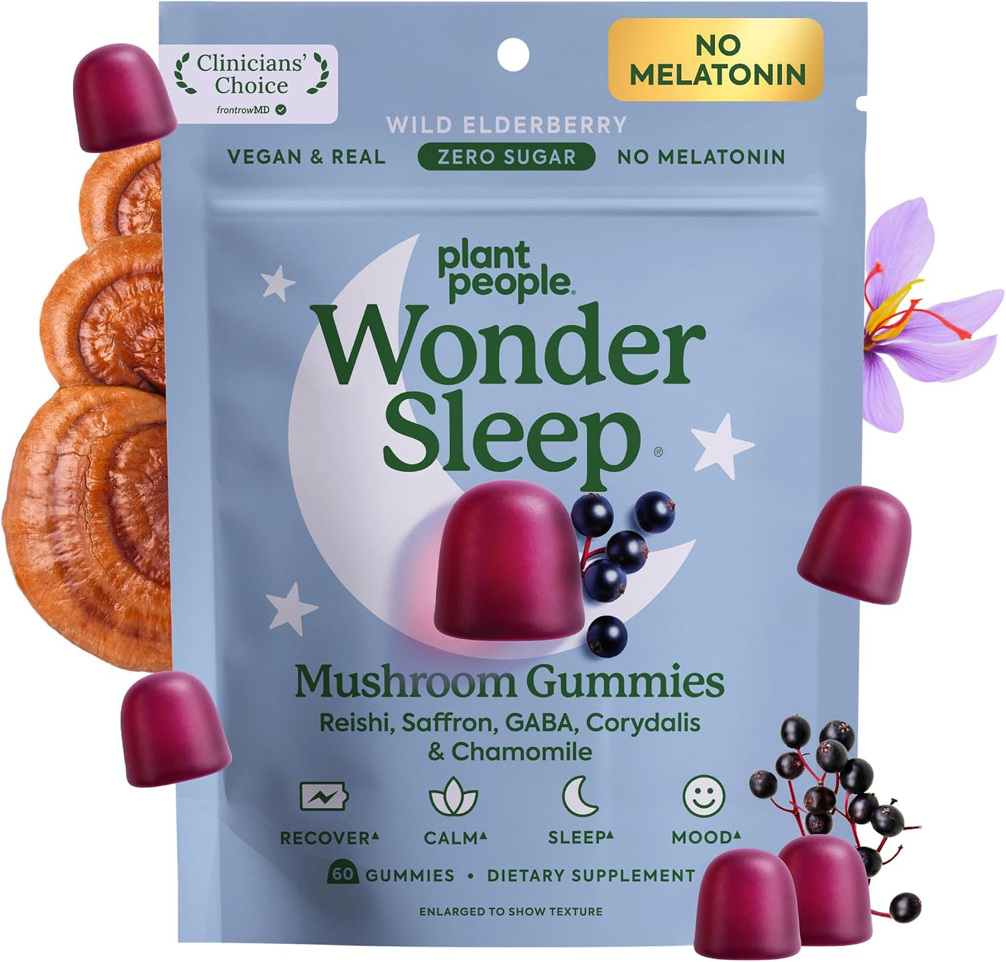 Plant People WonderSleep Mushroom Gummies Supplement for Sleep, No Melatonin Sleep Gummies with Reishi Mushroom, Saffron & Chamomile, Wild Elderberry Flavor, Sugar-Free (60 Count)