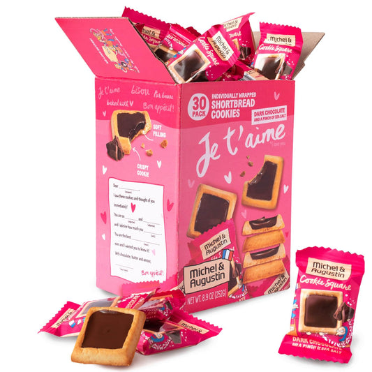 Michel et Augustin gourmet dark chocolate cookie squares, individually wrapped, 30-pack, French shortbread cookies with sea salt