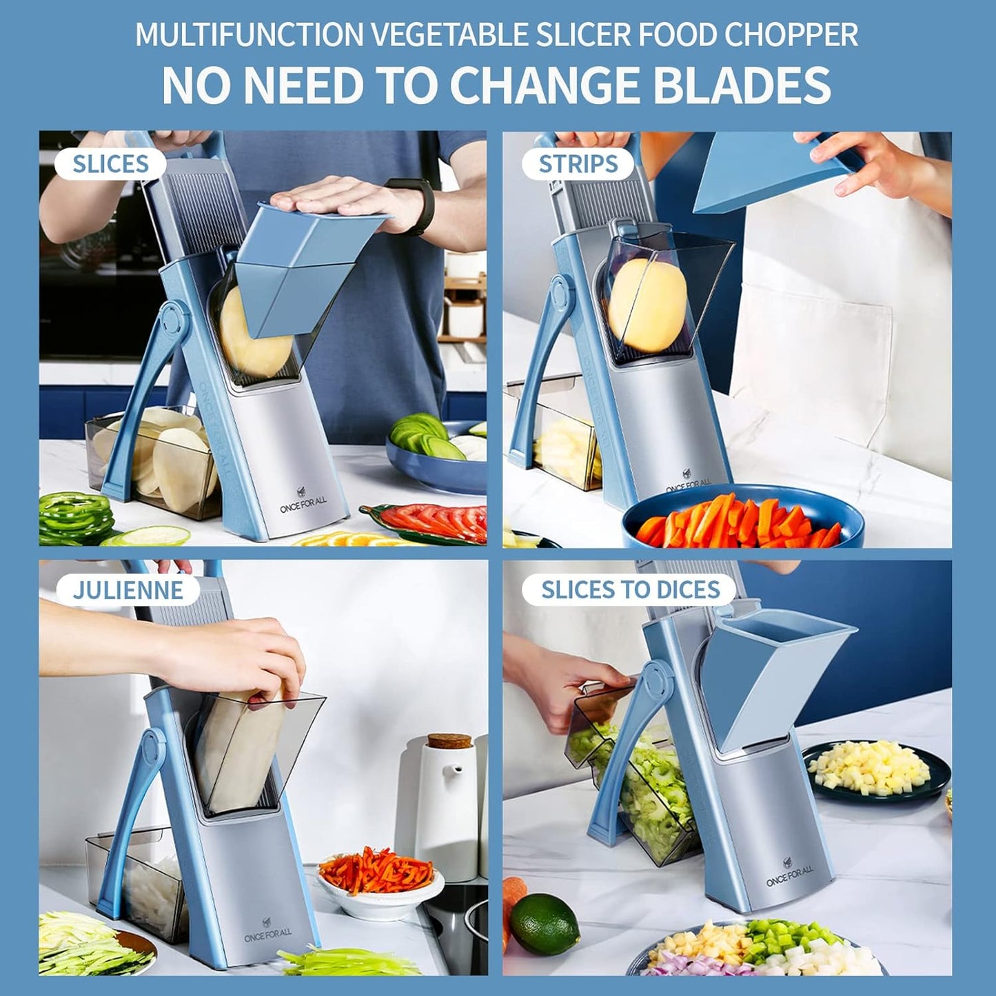 ONCE FOR ALL Upgrade Safe Mandoline Slicer Plus, Bigger Size, SkyBlue | 0.1-8mm Adjustable Vegetable Food Chopper, Potato Fries Cutter, Detachable Blade, Stainless Steel, Dishwasher-safe, Gift