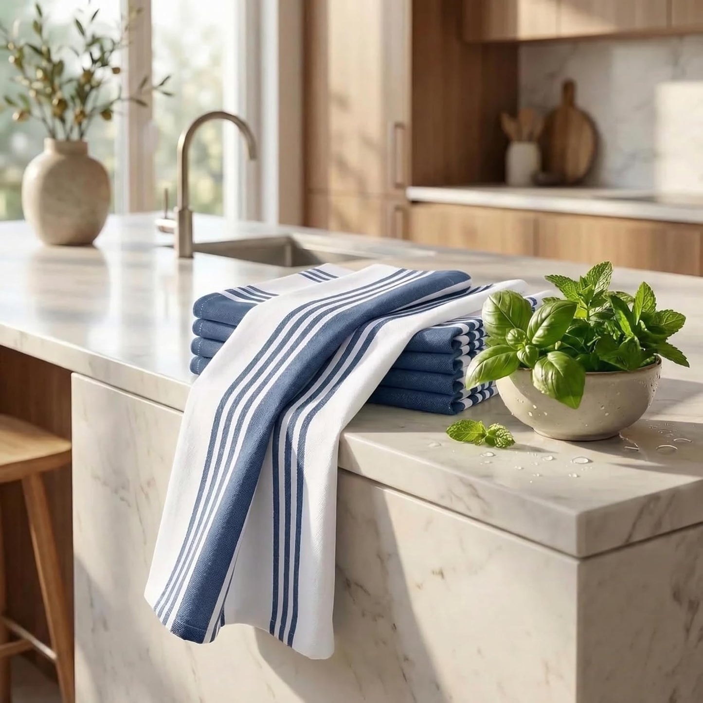 Urban Villa Kitchen Towels 100% Cotton Dish Towels for Kitchen (Set of 6) 20”x30” Dish Cloths Highly Absorbent Kitchen Linen Set with Hanging Loop Perfect for Drying Dishes Cleaning Towels-Blue White