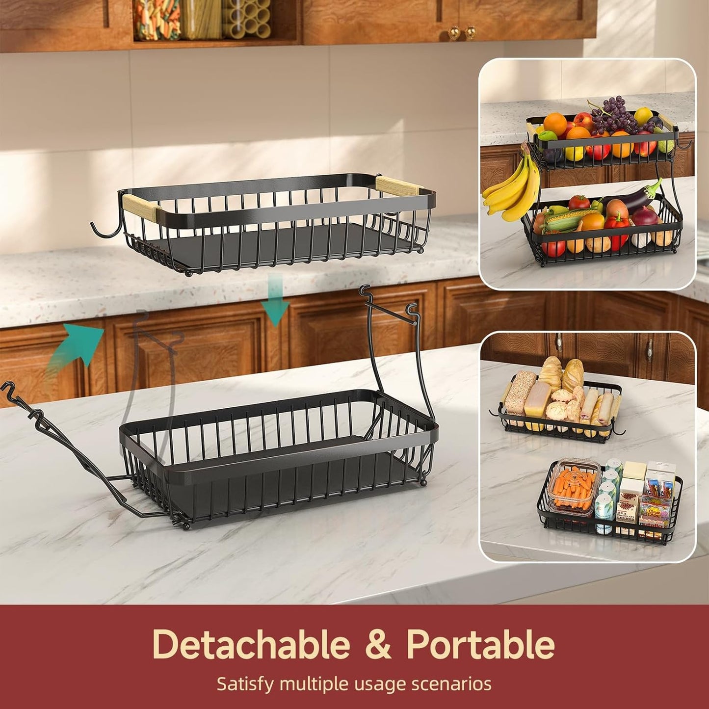 Sevenblue 2-Tier Fruit Basket with Banana Hangers, Detachable Metal Bowl | Wooden handle, protective mats included. Versatile holder for bread, snacks, and veggies. Large 2 tier metal design.