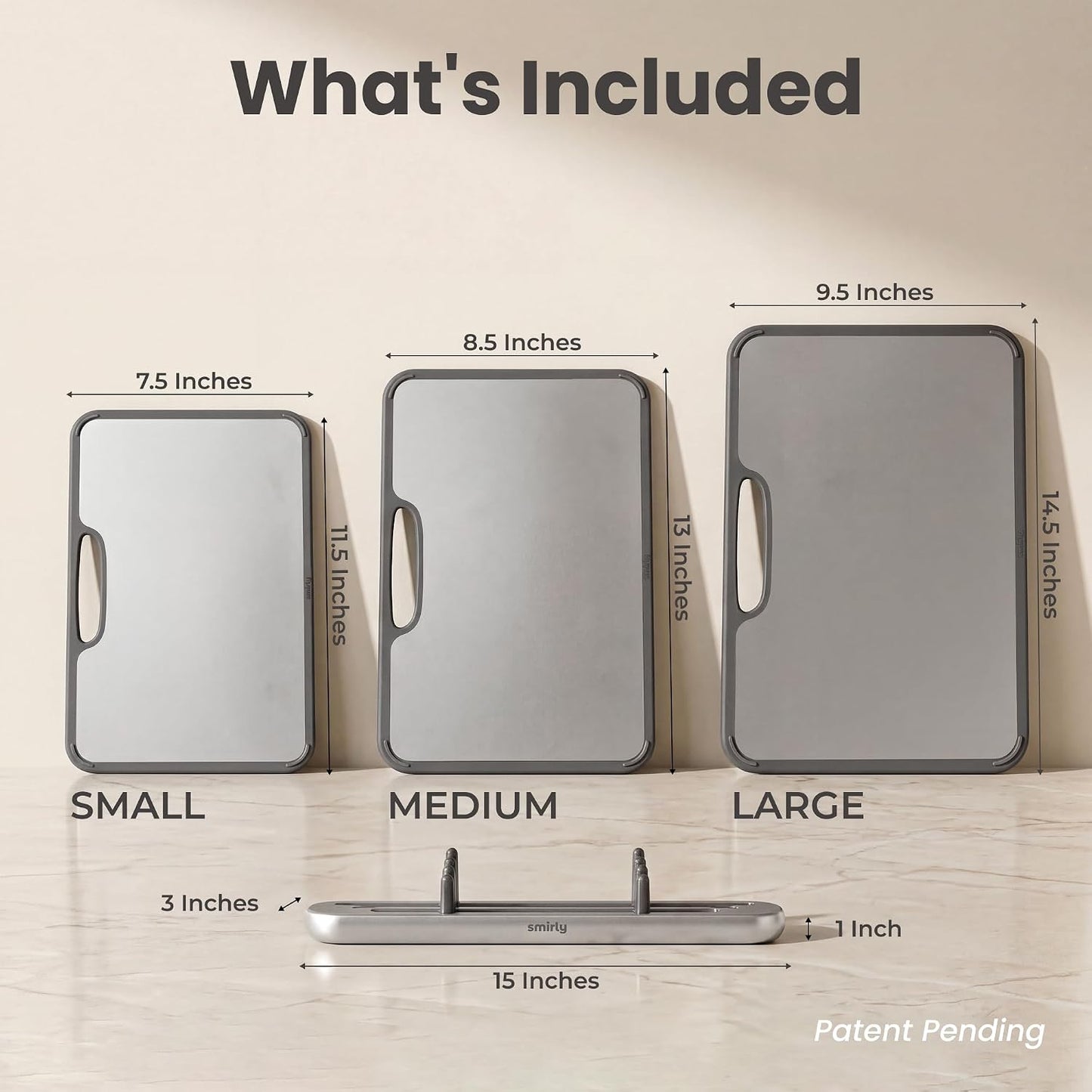SMIRLY Titanium Cutting Board for Kitchen, with Holder, 3 Pack, Silver | Food-grade Titanium Surface with a Non-porous, Double-sided Design for Easy Cleaning and Hygienic Food Prep