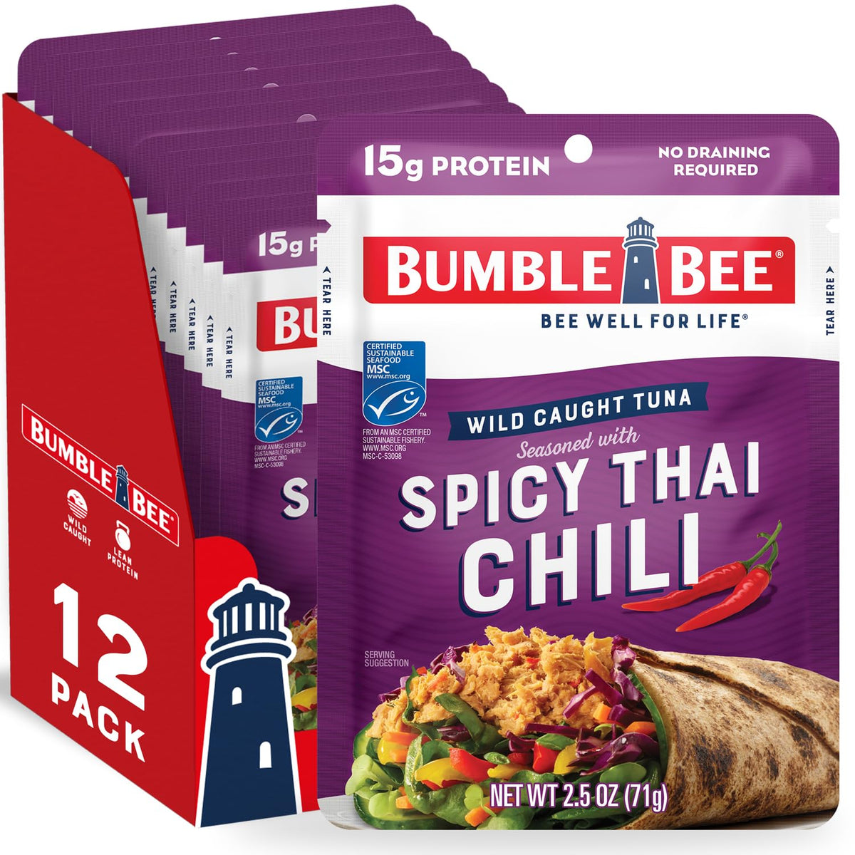 Bumble Bee Spicy Thai Chili Seasoned Tuna Pouch - Wild Caught, Ready to Eat, 15g Protein per Serving, 2.5 oz Packet (Pack of 12)