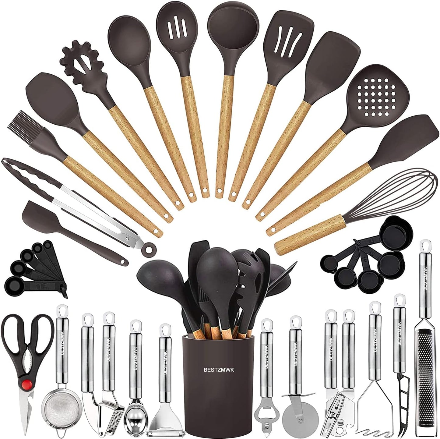 Cooking Utensils Set- 35 PCs Kitchen Utensils with Grater,Tongs, Spoon Spatula &Turner Made of Heat Resistant Food Grade Silicone and Wooden Handles Kitchen Gadgets Tools Set for Nonstick Cookware