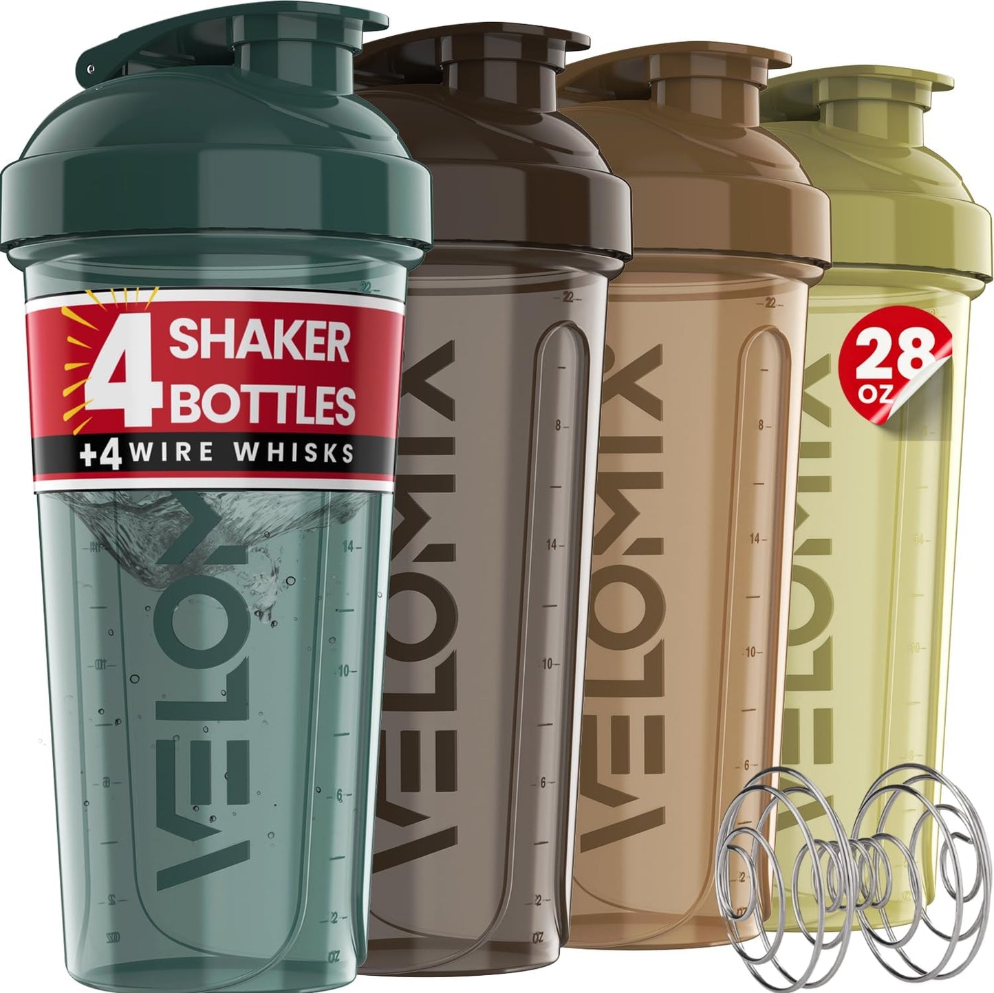 VELOMIX 28oz Protein Shaker Bottles - 4 Pack, Leak Proof