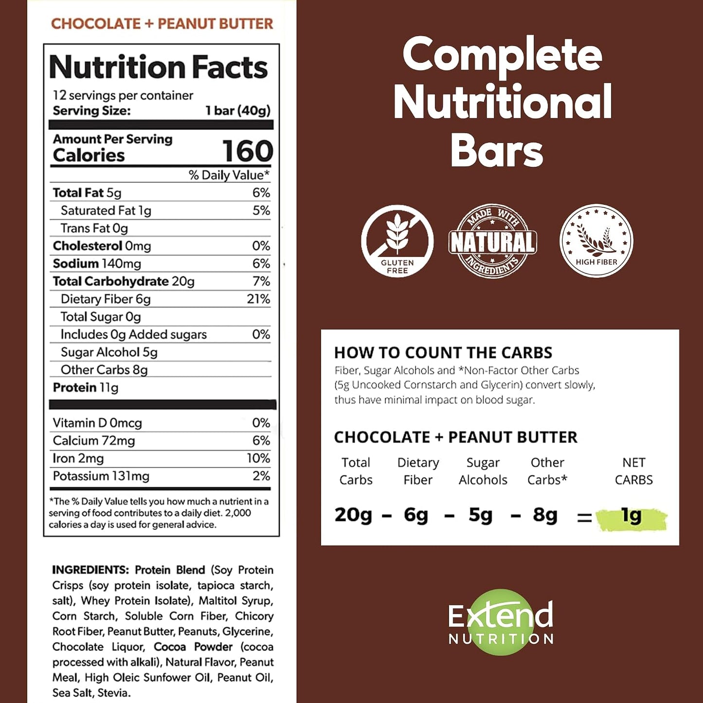 Extend Sugar Free Protein Bars, High Protein and Fiber, Low Carb, Keto Friendly, 12 Count, Chocolate Peanut Butter