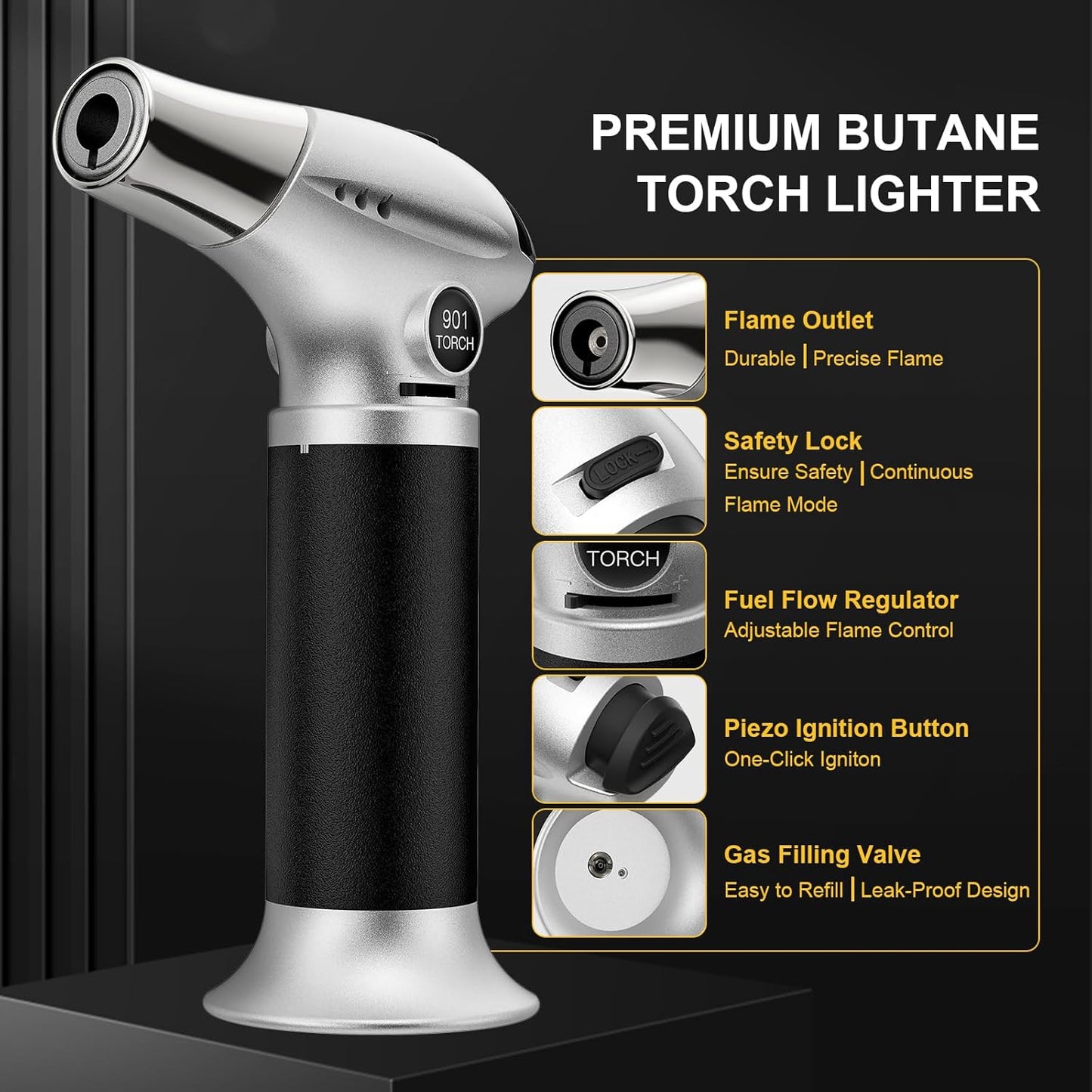 TBTeek Kitchen Butane Torch with Safety Lock for Baking, Crafts & Steak | 2500°F Adjustable Continuous Flame, One-Button Piezo Ignition, Ergonomic Comfort Grip, 3 refill adapters(Butane Not Included)