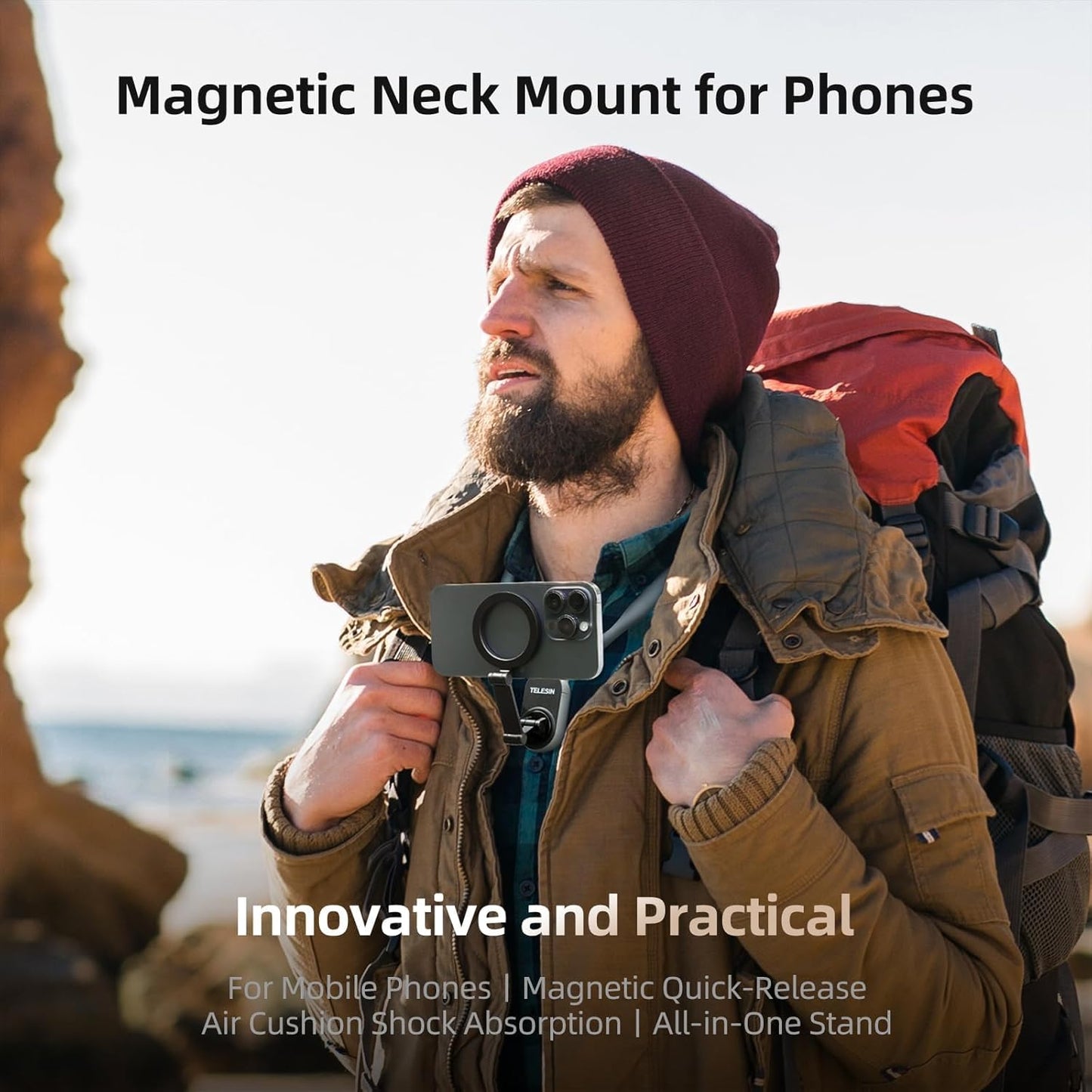 TELESIN Magnetic Neck Mount for Phones, Neck Cell Phone Holder POV/Vlog Selfie Mount Hand Free Phone Neck Holder Chest Stand Strap Video Recording for iPhone 17 16 15 14 13 12 Seires Android Phones