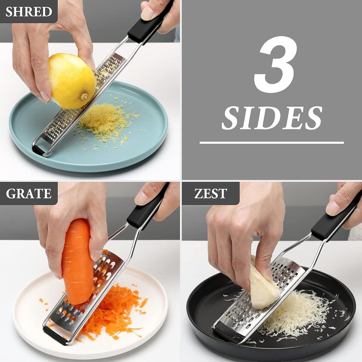 Cambom Lemon Zester Grater Three-piece Suit - Heavy Duty Kitchen Tool for Parmesan Cheese, Ginger, Garlic, Nutmeg, Chocolate, Vegetables，Fruits，Stainless Steel Grater Dishwasher Safe Black