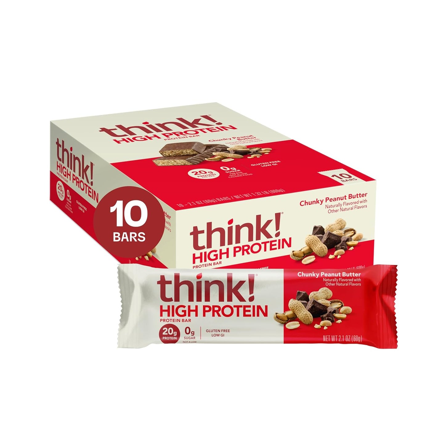 think! Protein Bars, High Protein Snacks, Gluten Free, Kosher Friendly, White Chocolate, Nutrition Bars, 2.1 Oz per Bar, 10 Count (Packaging May Vary)