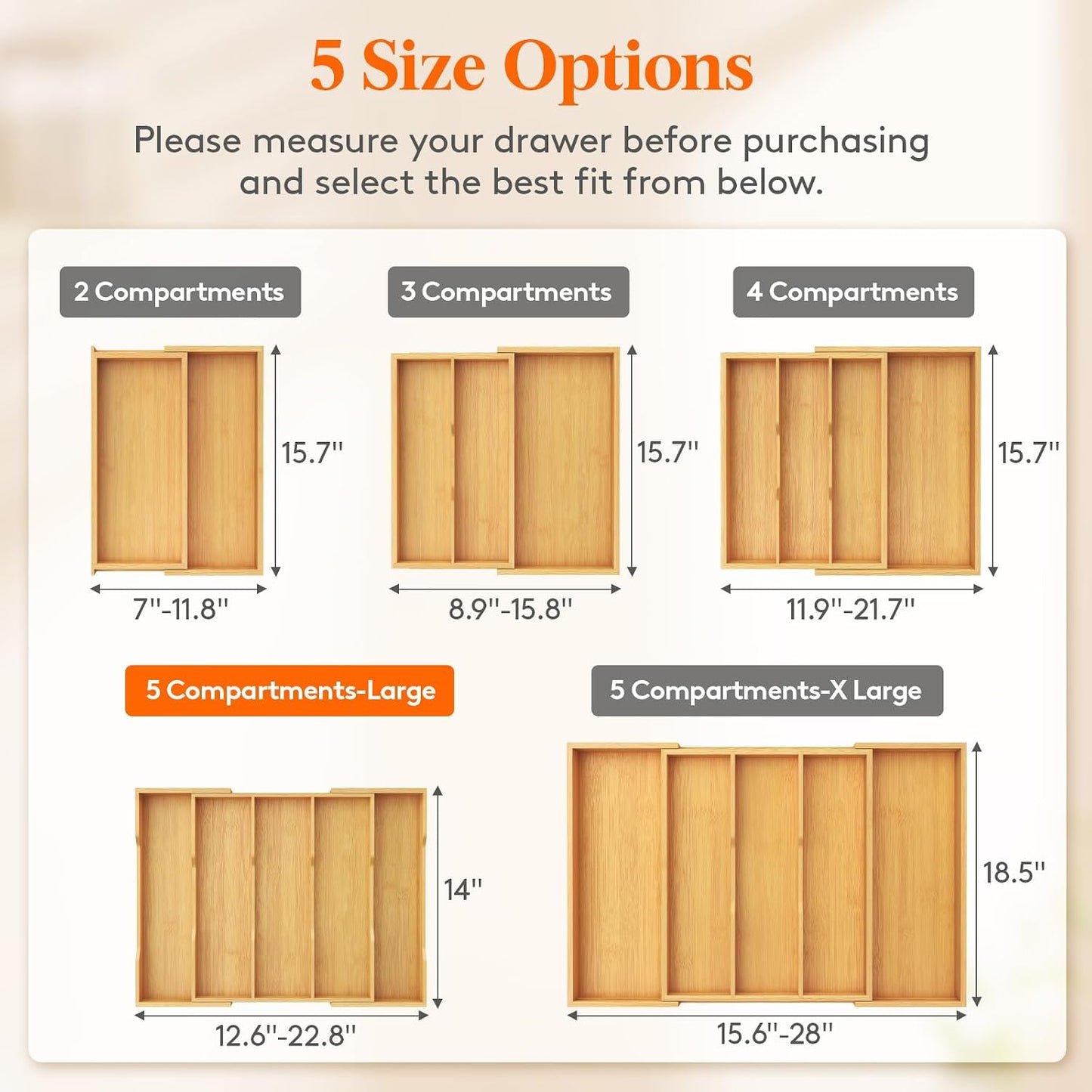 Lifewit Utensil Organizer for Kitchen Drawer, Expandable Cooking Utensil Tray, Cutlery Silverware Flatware Holder, Wood Adjustable Spatula Tools Storage Divider, 12.6-22.8x14/ 32-58x35.6cm, Natural