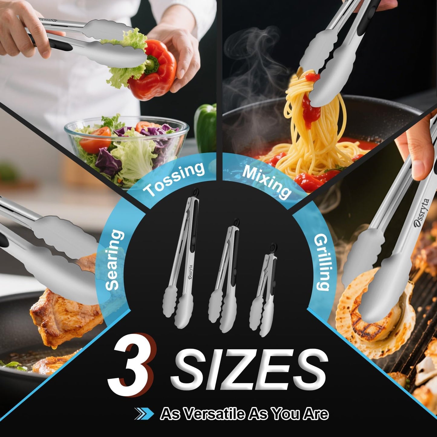 Stainless Steel Cooking Tongs Set of 3 - Heavy Duty 12/9/7 Inch Locking Tongs, Heat Resistant to 600 Degrees, Food Grade Kitchen Metal Tong for Food, Salad, & BBQ - Dishwasher Safe