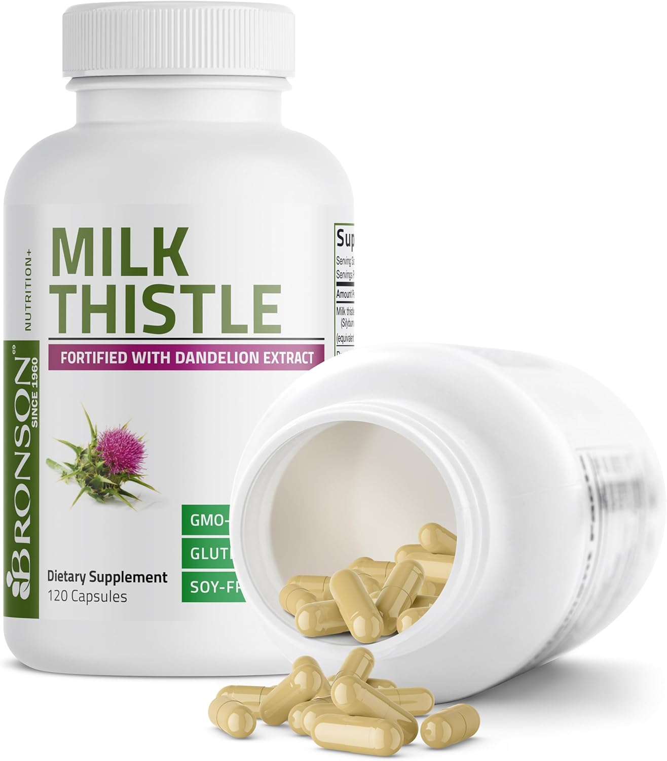 Bronson Milk Thistle Silymarin Marianum & Dandelion Extract Liver Health Support, Antioxidant Support, Detox, 120 Capsules