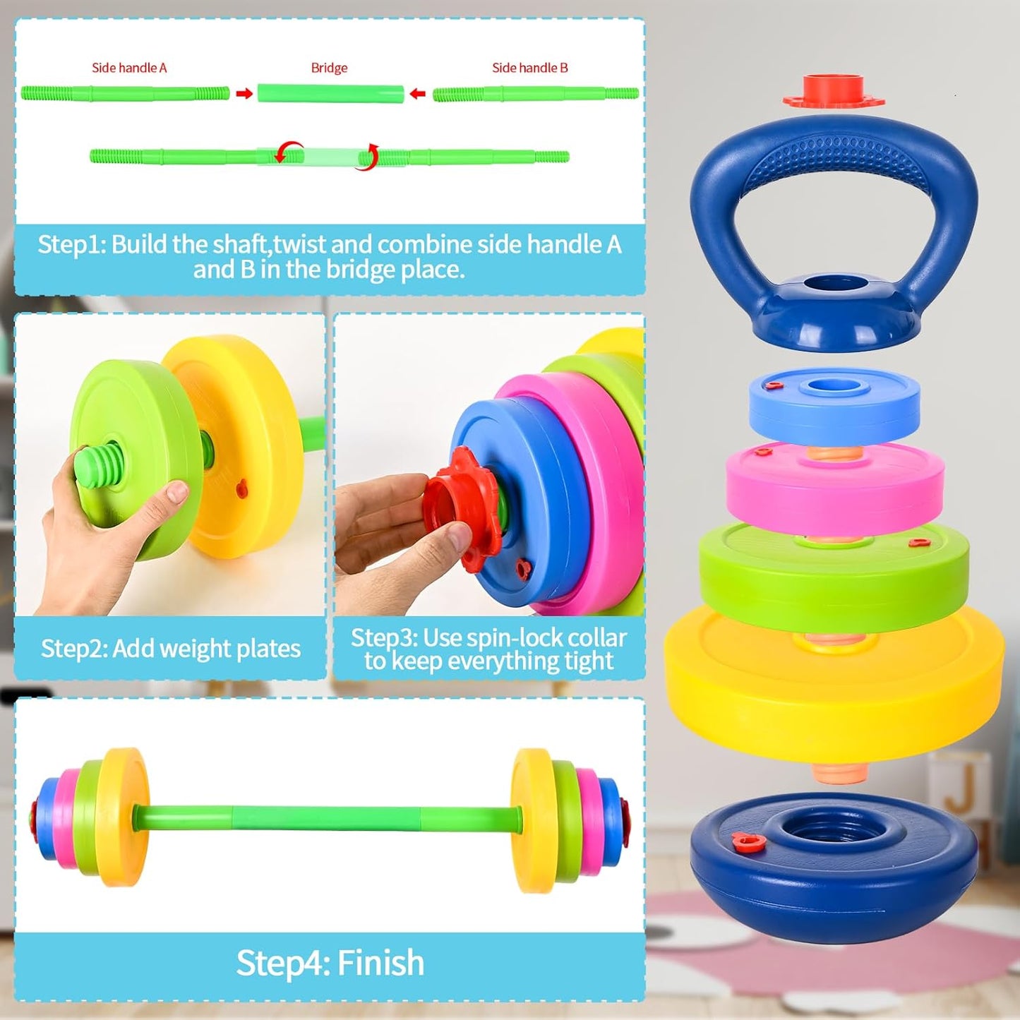 3-in-1 Kids Fitness Set with Adjustable Barbell and Kettlebell