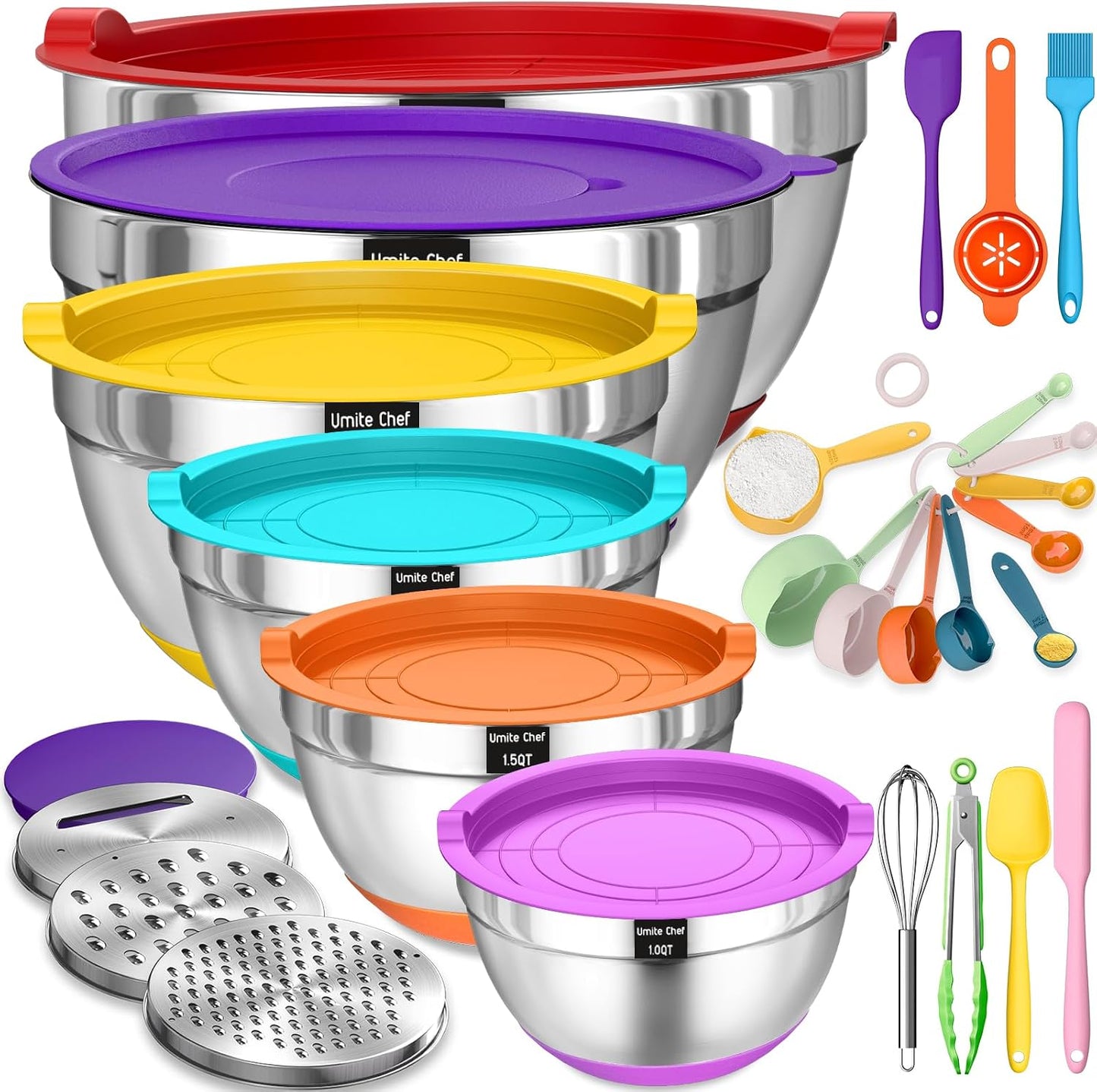 Mixing Bowls with Airtight Lids Set, 26PCS Stainless Steel Khaki Bowls with Grater Attachments, Non-Slip Bottoms & Kitchen Gadgets Set, Size 7, 4, 2.5, 2.0,1.5, 1QT, Great for Mixing & Serving