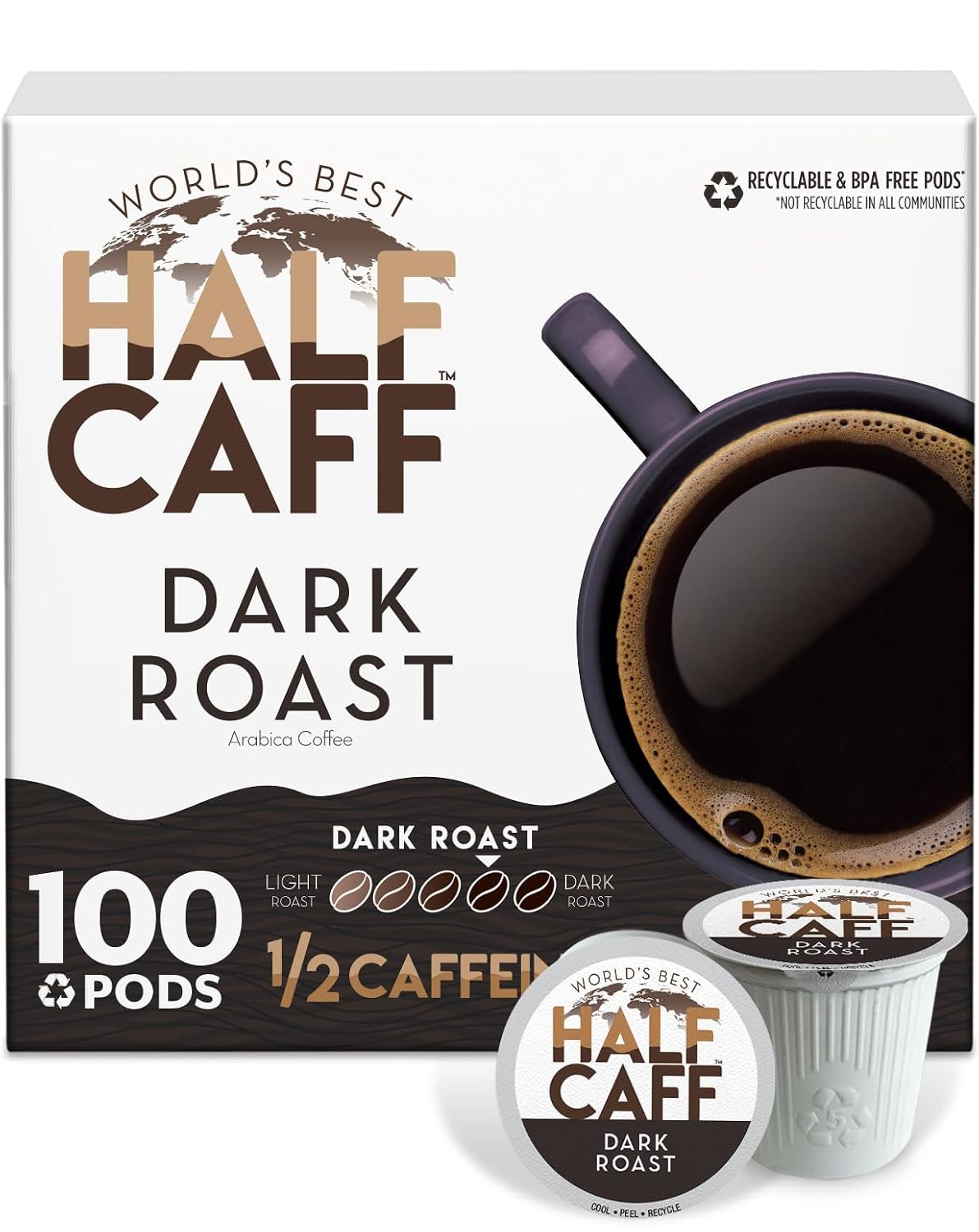 Half Caff Dark Roast Coffee Pods, 100 ct, Single Serve Pods, 100% Arabica, Keurig Compatible