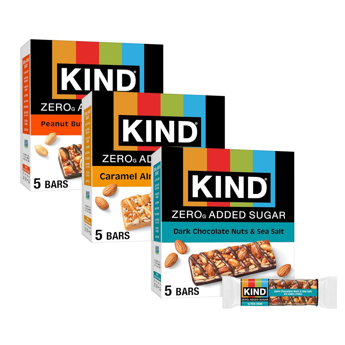 Kind Zero Added Sugar Snacks Bars Variety Pack, Gluten Free, High Fiber, Keto Friendly, 15 Count
